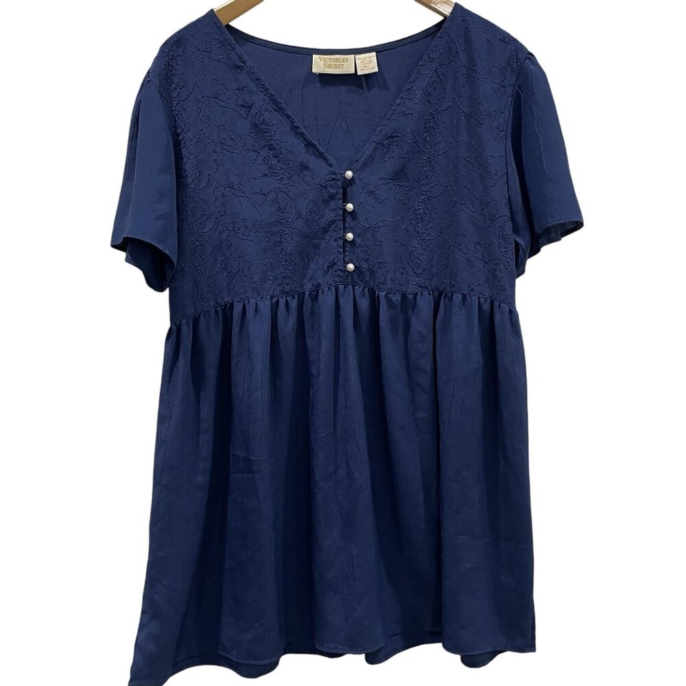Victorias Secret Babydoll Nightgown Top Womens M L  Navy Blue Vintage Gold Label